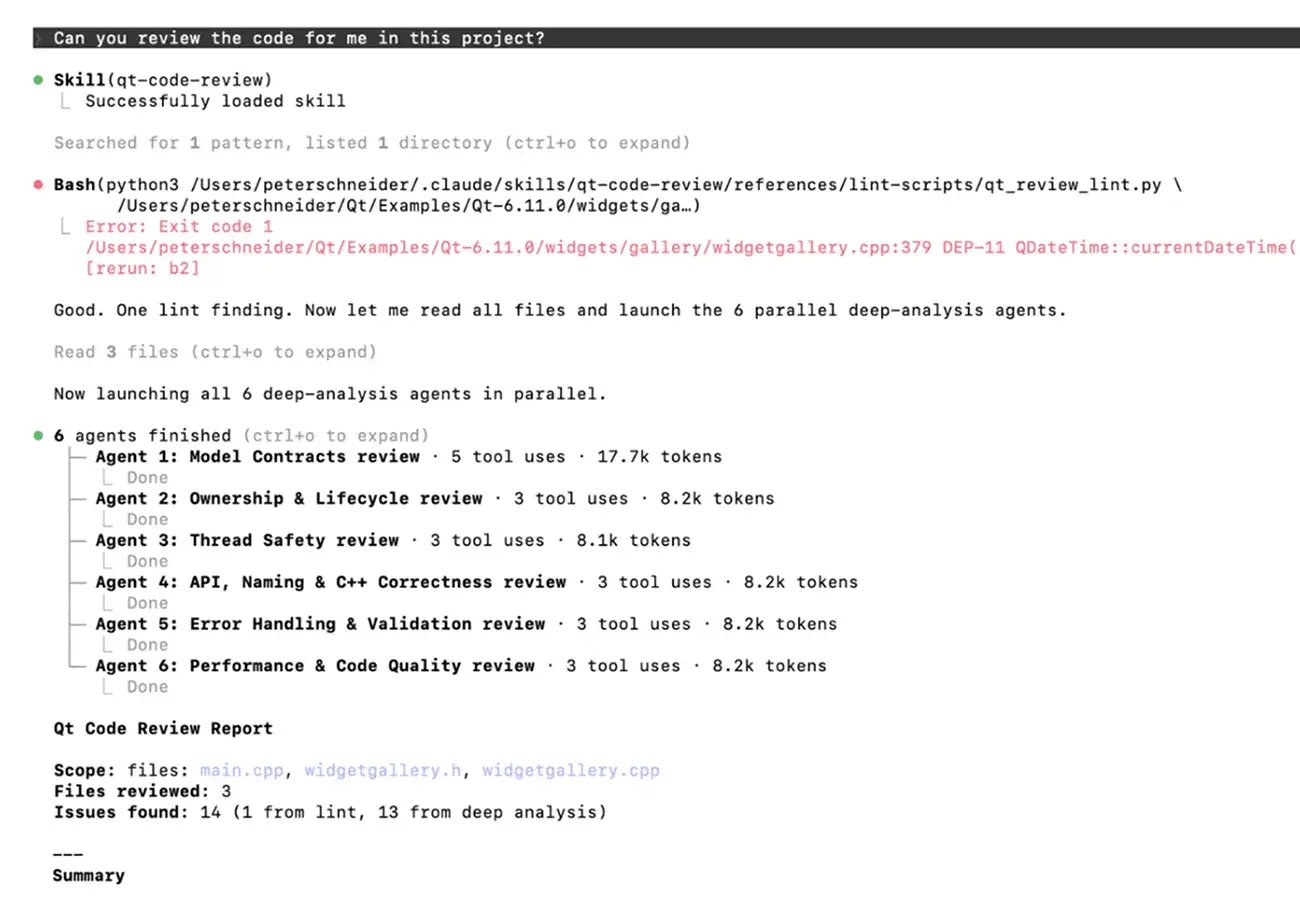 Code review skill example from Qt's AI-powered development tools
