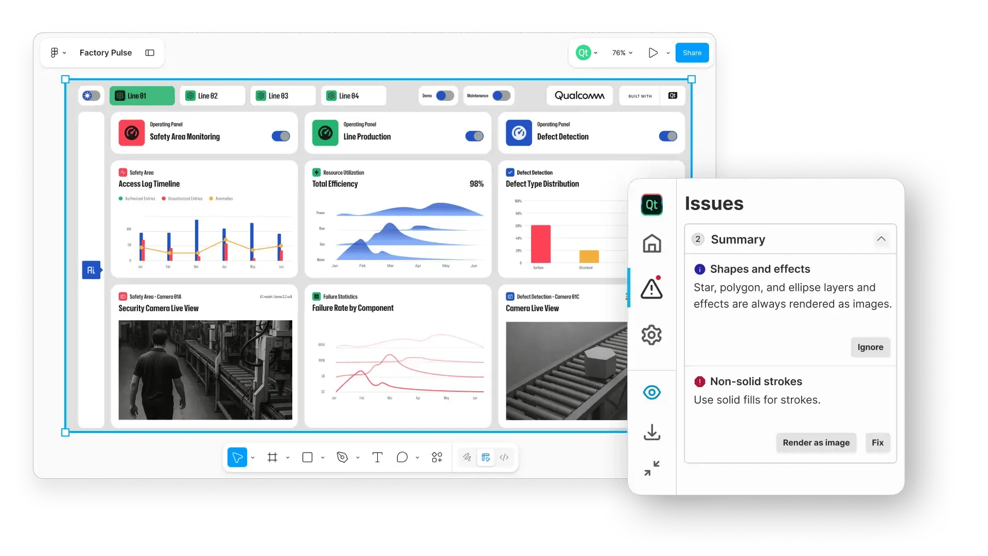 The issues tab of the Figma's plugin Figma to Qt, highlighting the issues with porting a GUI design to the device.