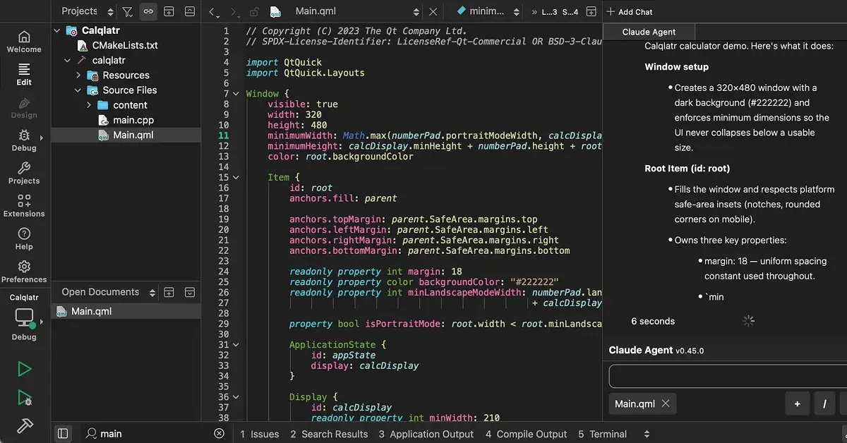 QtCreator IDE provides evolving, Qt-aware support for agentic AI